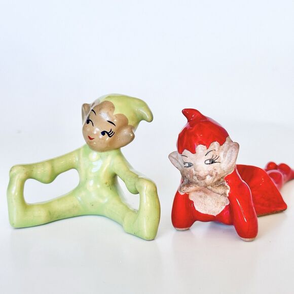 VTG (Gilner Pottery?) Green Red Ceramic Pixie Elf Elves Lot Christmas Retro - Picture 4 of 6